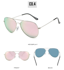 Diseño de tres vistas de gafas de sol aviador con lentes de espejo rosa y montura fina