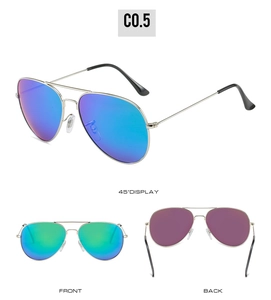 Tres vistas de gafas de sol aviador plateadas con lentes de espejo de colores polarizados