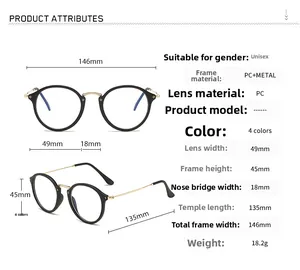 Detailed size chart of vintage anti-blue light glasses with PC and metal frames