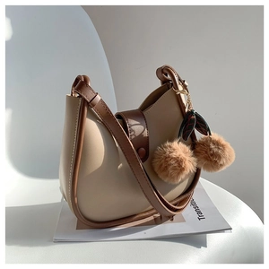 Vintage Women PU Leather Shoulder Crossbody Bag With Plush Cherry Charm Contrast Stitching Urban Minimalist Hobo Handbag