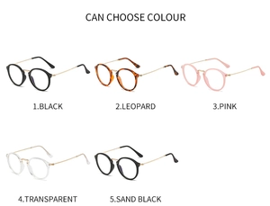 Detailed grid of retro round blue light glasses in black leopard pink and clear frames