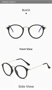 Front and side view of vintage black round blue light glasses frames with gold metal arms