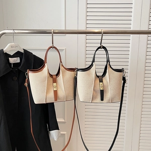Women Contrast Canvas PU Leather Tote Handbag With Inner Pouch Metal Twist Lock Shoulder Bag Commuter Vintage Style