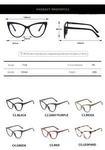 Detailed size chart for TR90 cat-eye glasses frame including width and temple length
