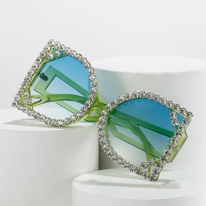 Fashion oversized square sunglasses with sparkling crystals and blue-green gradient lenses