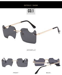 Vue détaillée de lunettes hip-hop sans monture avec verres gris découpés en zigzag