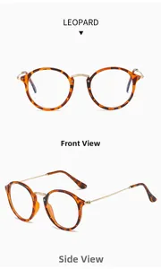 Detailed front and side views of leopard print round frames with gold metal temples