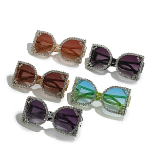 Chic oversized square rhinestone sunglasses featuring glittery diamond frames in five colors