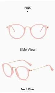 Detail view of pink round anti-blue light glasses with metallic gold temples in two angles