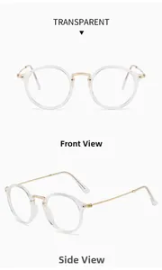 Front and side views of transparent retro round eyeglasses with gold metal temples