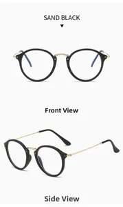 Detailed front and side views of sand black retro round frames with golden metal temples
