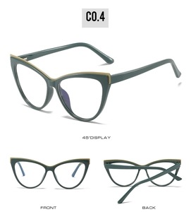 Detailed multi-angle views of dark green and gold cat-eye TR90 eyeglass frames