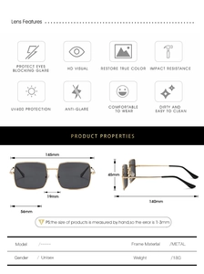 Detailed size chart and specifications for lightweight unisex metal square sunglasses