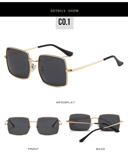 Three views of square polarized sunglasses with gold frames and grey lenses on white