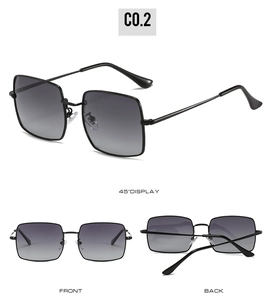 Three-angle view of black square polarized sunglasses with grey gradient lenses