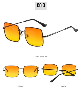Three-view display of vintage square sunglasses with orange gradient lenses and metal frames