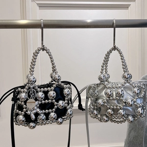 Metallic Bead Hollow Out Bucket Bag Drawstring PU Leather Handbag Shoulder Crossbody Bag For Women Trendy Futuristic