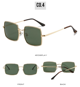 Three views of square gold metal sunglasses with dark green lenses and tortoiseshell tips