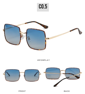 Detailed views of square sunglasses featuring tortoiseshell frames and blue gradient lenses