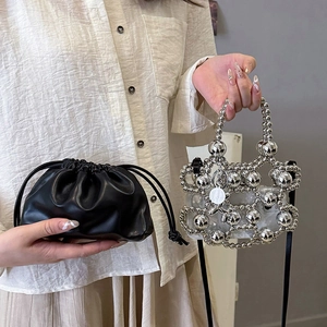 Fashionable mini shoulder bags set featuring black leather drawstring and silver beaded pearl purse