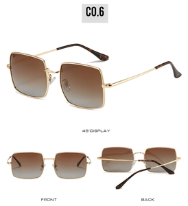 Three views of square metal sunglasses with gold frames and brown gradient lenses