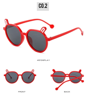Front and back views of red cartoon bunny ear sunglasses for kids with grey round lenses