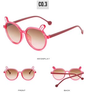Pink rabbit ear sunglasses for kids with front, back, and 45-degree angle views