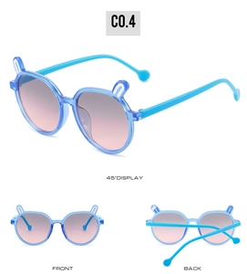 Detailed multi-angle view of light blue bunny ear sunglasses with pink gradient lenses