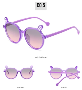 Purple candy-color kids sunglasses with cute bunny ears shown in three different angles