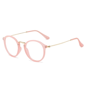 Retro round anti-blue light glasses with pink translucent frames and gold metal temples