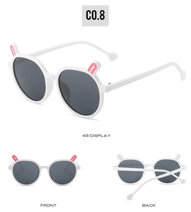 Three views of cute white children sunglasses with pink rabbit ears and grey lenses