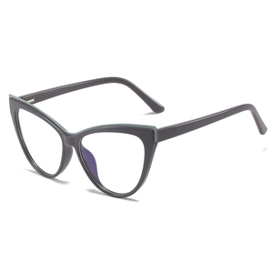 Chic cat-eye TR90 eyeglass frames in dark purple with slim green accents and blue light lenses