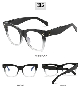 Three perspectives of black gradient cat eye glasses with metal rivets on the frames