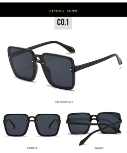 Vues détaillées de lunettes de soleil carrées noires sans monture sous plusieurs angles