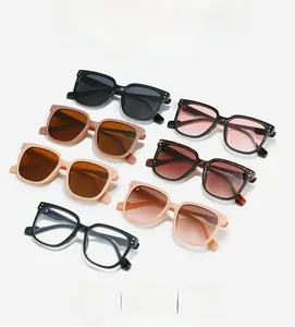 Group display of square frame parent-child sunglasses in seven assorted colors with metal rivets