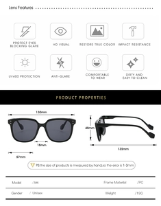 Detailed specs of kids retro sunglasses with UV400 PC frame and 19g lightweight design