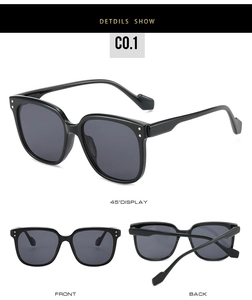 Detailed views of black oversized square sunglasses with triple metal rivets and dark grey lenses