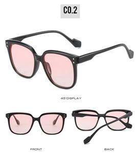 Three views of retro square sunglasses with black frames and pink gradient lenses