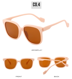 Three views of pink square frame sunglasses showing 45-degree angle front and back details
