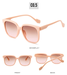 Multi-angle views of square light pink sunglasses with silver rivets and gradient lenses