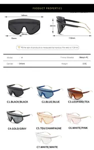 Detailed sizing chart and material specs for unisex shield oversized sunglasses