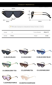 Detailed size specifications and color options for cat eye unisex sunglasses with metal frame