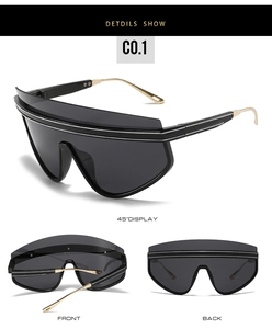 Three-view display of shield sunglasses with black frames and gold metal temples
