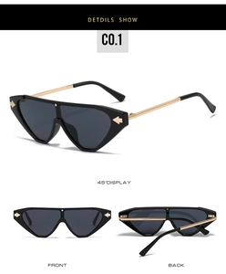 Detailed views of small frame cat eye sunglasses with gold arrow and metal temples