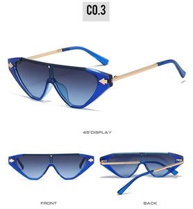 Detailed views of small frame cat-eye sunglasses with blue gradient lenses and gold temples