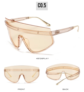Three-angle view of oversized shield sunglasses with orange lenses and gold metal temples