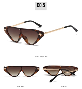 Detailed views of tortoise frame sunglasses with gradient lenses and gold arrow decor