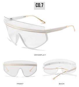 Multiple views of oversized shield sunglasses with white frames and gold metal temples