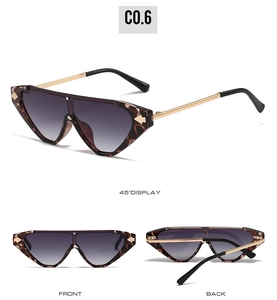 Detail view of leopard print geometric sunglasses with gold temples in multiple angles