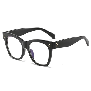 Fashionable black square anti-blue light glasses with golden metal rivets and clear lenses